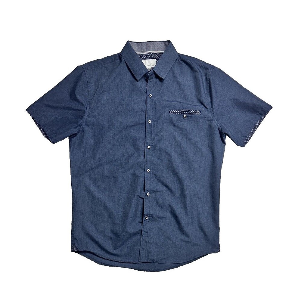 Mens Blue Short Sleeve Button Up Shirt Contrast Trim Size Medium